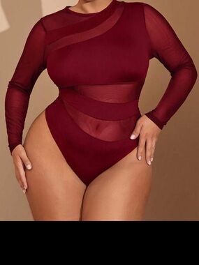 SHEIN BAE 1X Burgundy Mesh Asymmetric Long Sleeve Bodysuit